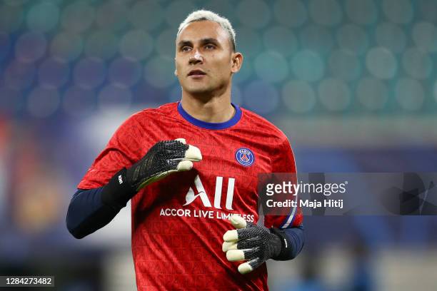 Keylor Navas of Paris Saint-Germain looks on prior to the UEFA Champions League Group H stage match between RB Leipzig and Paris Saint-Germain at Red...