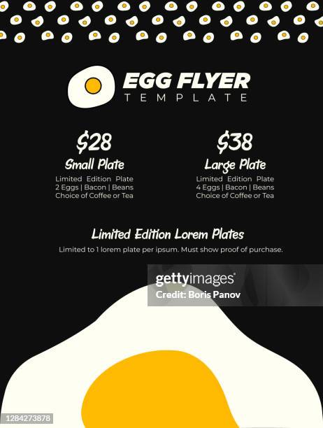 modern brunch menu or breakfast eggs promo flyer or leaflet poster on black background with giant egg yolk - menu specials stock illustrations