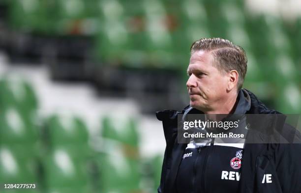 Markus Gisdol, Head Coach of 1. FC Koeln looks on prior to the Bundesliga match between SV Werder Bremen and 1. FC Koeln at Wohninvest Weserstadion...