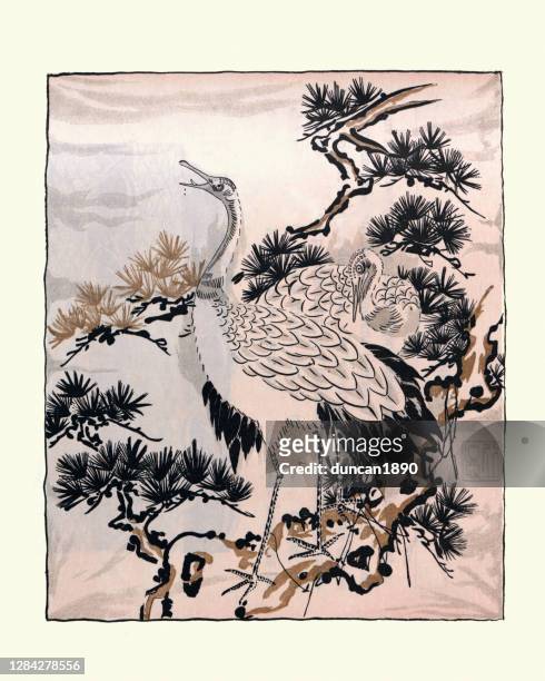 japanische kunst, zeichnung von kranichen, vögel, fukusa - crane bird stock-grafiken, -clipart, -cartoons und -symbole