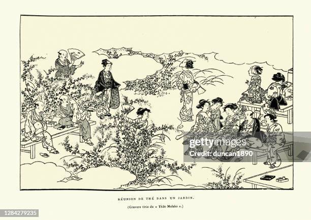 japanesse tea tea party in a garden, art of japan - oriental garden stock illustrations