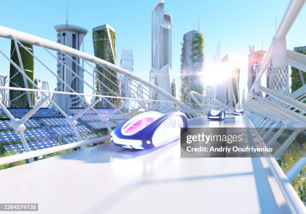 futuristic vehicles - future city stock-fotos und bilder