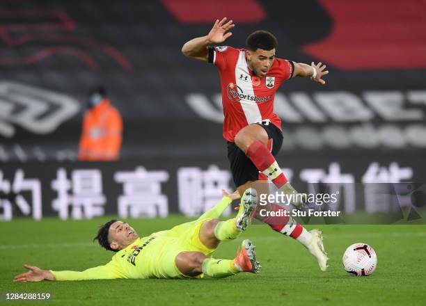 Fabian Schar of Newcastle United tackles Che Adams of Southampton during the Premier League match between Southampton and Newcastle United at St...