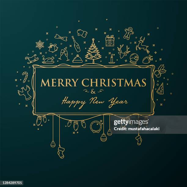 illustrazioni stock, clip art, cartoni animati e icone di tendenza di striscione natalizio dorato lucido con icone line art - dorato colore descrittivo