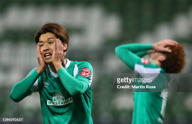 Yuya Osako of SV Werder Bremen reacts during the Bundesliga match between SV Werder Bremen and 1. FC Koeln at Wohninvest Weserstadion on November 06,...