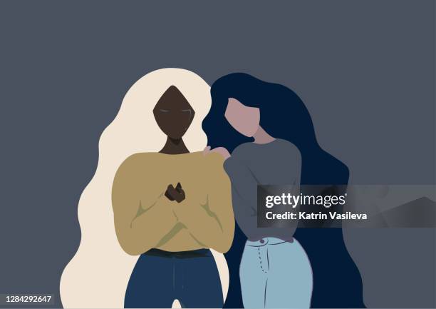 different ethnicity girl friends long hair helping each other when one of them is crying on a grey blue background - adult sisters stock illustrations