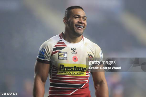 Willie Isa of Wigan Warriors reacts during the Betfred Super League match between Wigan Warriors and Huddersfield Giants at Emerald Headingley...