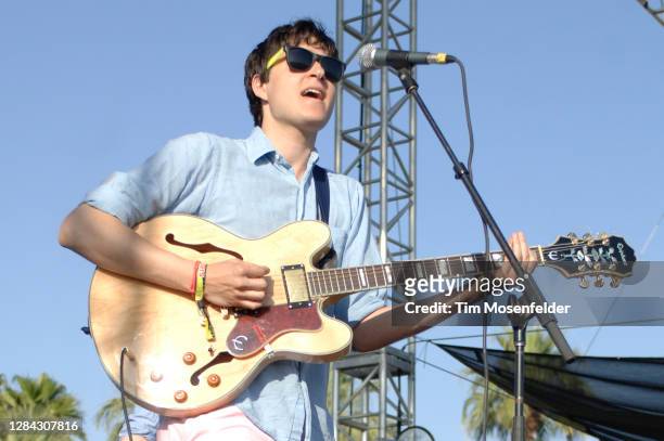 Ezra Koenig of Vampire Weekend performs during Coachella 2008 at the Empire Polo Fields on April 25, 2008 in Indio, California.