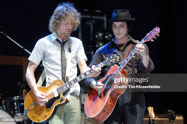 Brendan Benson and Jack White of The Raconteurs perform during Coachella 2008 at the Empire Polo Fields on April 25, 2008 in Indio, California.