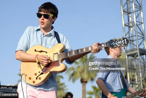 Ezra Koenig and Chris Baio of Vampire Weekend perform during Coachella 2008 at the Empire Polo Fields on April 25, 2008 in Indio, California.