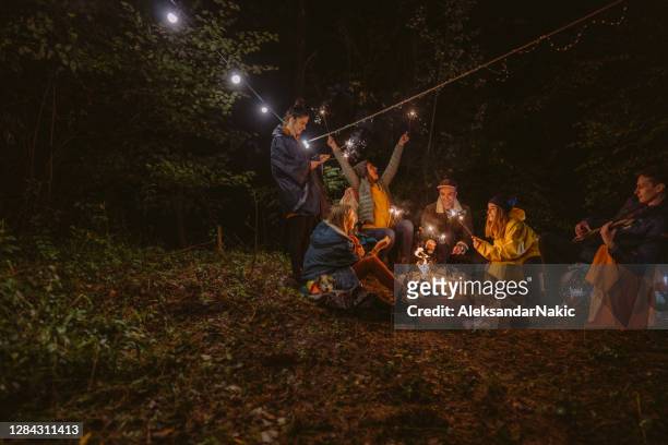 friends celebrating new year's in the woods - friends with sparkler fireworks stock pictures, royalty-free photos & images