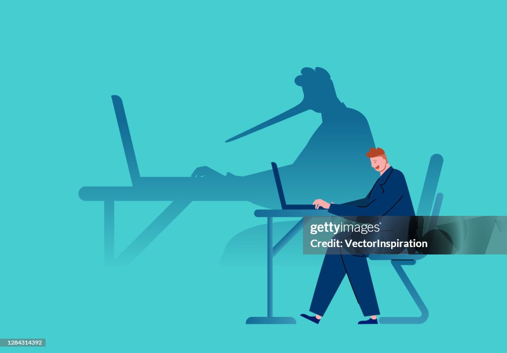 Sitting working businessman with long nose shadow