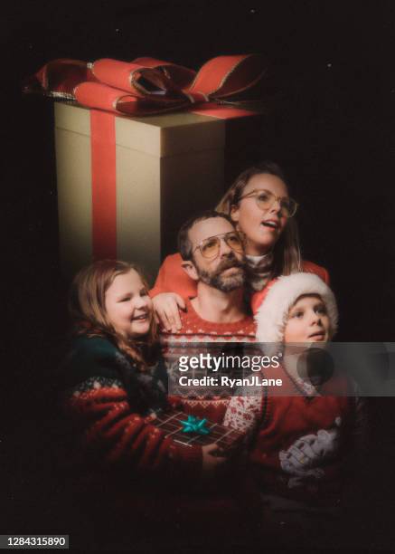 funny vintage styled family ugly christmas sweater portrait - ugliness stock pictures, royalty-free photos & images