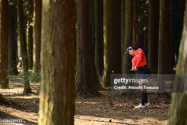 Sakura Koiwai of Japan hits her second shot on the 9th hole during the second round of the TOTO Japan Classic at the Taiheiyo Club Minori Course on...