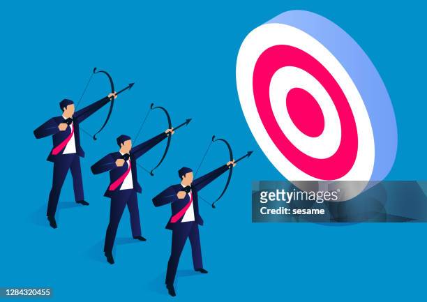 competition concept, three businessmen holding bows and arrows to shoot bullseye - sales effort stock illustrations