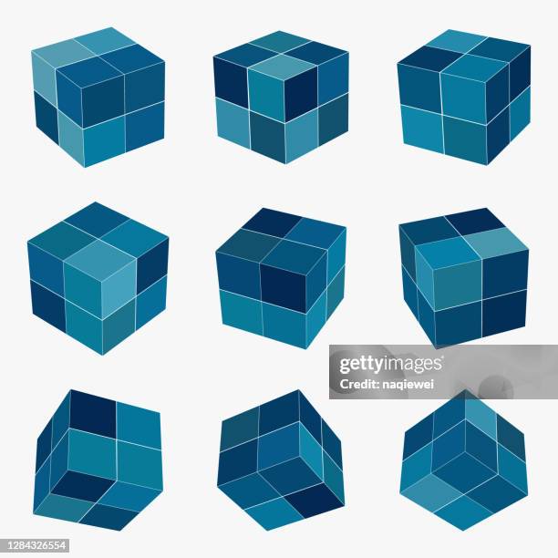 blue 3d cube box model icon collection - rubics cube stock illustrations