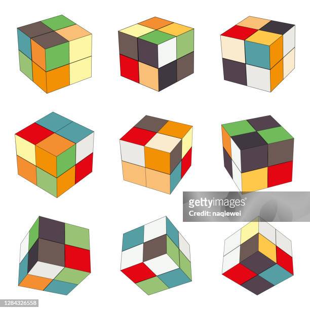 3d bunte würfel struktur box modell muster icon sammlung - rubiks cube stock-grafiken, -clipart, -cartoons und -symbole