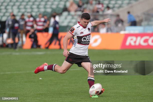Bryn Gatland of Harbour kicks a conversion goal during the Mitre 10 Cup Rd 9 - North Harbour v Counties Manukau at North Harbour Stadium on November...