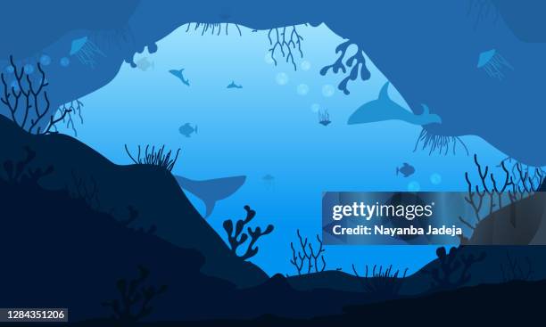 underwater background with fish silhouettes stock illustration - marinebasis stock illustrations