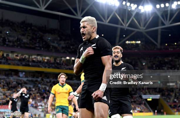 Rieko Ioane of the All Blacks celebrates scoring a try during the 2020 Tri-Nations match between the Australian Wallabies and the New Zealand All...