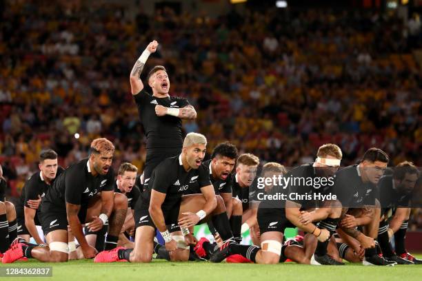 Perenara of the All Blacks leads the haka ahead of the 2020 Tri-Nations match between the Australian Wallabies and the New Zealand All Blacks at...