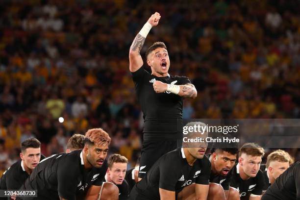 Perenara of the All Blacks leads the haka ahead of the 2020 Tri-Nations match between the Australian Wallabies and the New Zealand All Blacks at...