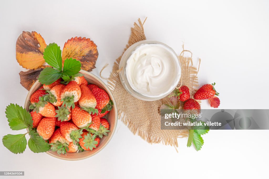 Healthy breakfast with Fresh greek yogurt on background.