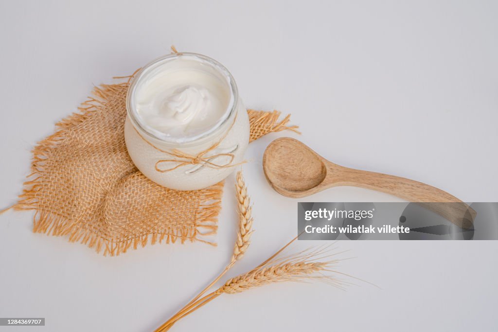 Healthy breakfast with Fresh greek yogurt on background.