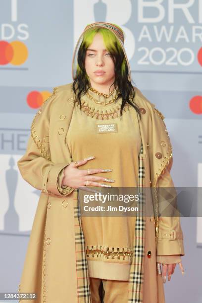 Billie Eilish attends The BRIT Awards 2020 at The O2 Arena on February 18, 2020 in London, England.