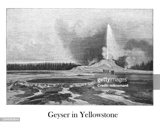 antique illustration of geyser in yellowstone national park, grand prismatic spring - volcano illustration stock pictures, royalty-free photos & images