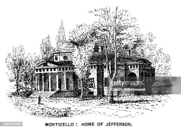 antique illustration of monticello, plantation of thomas jefferson - thomas jefferson monticello stock pictures, royalty-free photos & images