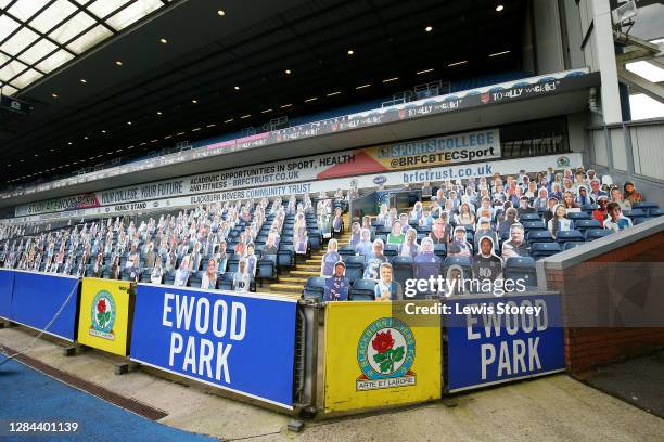 Cardboard cut outs of fans in the ground during the Sky Bet Championship match between Blackburn Rovers and Queens Park Rangers at Ewood Park on...