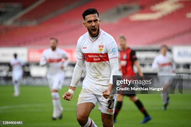 Nicolas Gonzalez of VfB Stuttgart celebrates after scoring his team's first goal during the Bundesliga match between VfB Stuttgart and Eintracht...