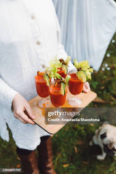 young woman preparing picnic in the beautiful forest and making drinks - bloody mary stock pictures, royalty-free photos & images