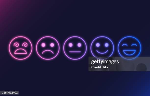 ilustraciones, imágenes clip art, dibujos animados e iconos de stock de feedback rating faces glowing neon - sonrisa