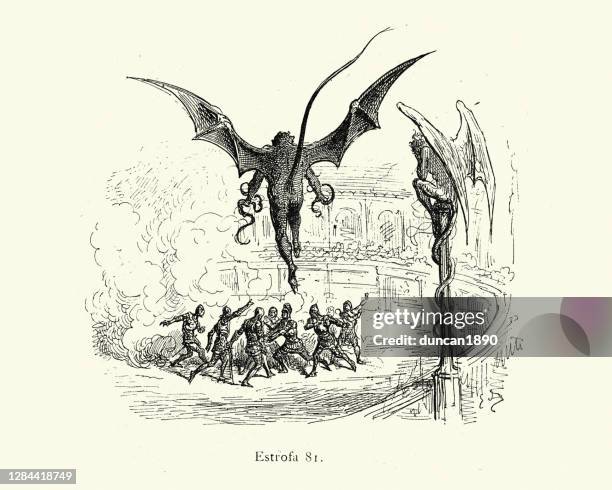 demons overlooking a trial by combat of knights - devil stock illustrations