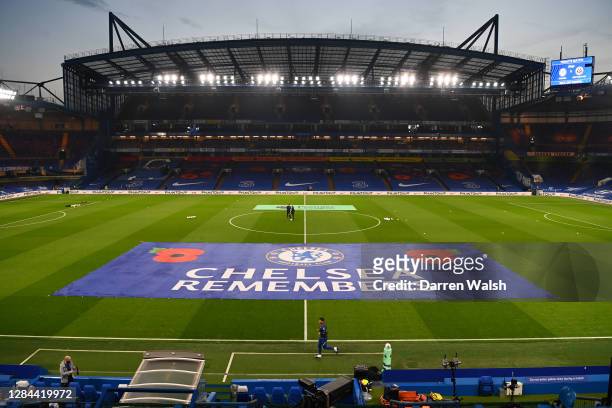 General view inside the stadium where a banner reading 'Chelsea Remembers' is seen on the pitch, marking Armistice Day prior to the Premier League...