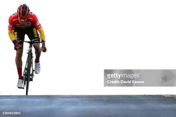 Arrival / Primoz Roglic of Slovenia and Team Jumbo - Visma Red Leader Jersey / Celebration / during the 75th Tour of Spain 2020, Stage 17 a 178,2km...