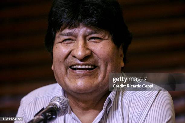 Former Bolivian President Evo Morales speaks during a press conference as he expresses his gratitude to the Argentine government and population for...