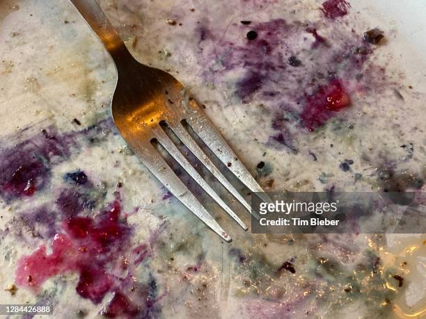 fork on plate after blueberry pancake breakfast - cleaning after party - fotografias e filmes do acervo