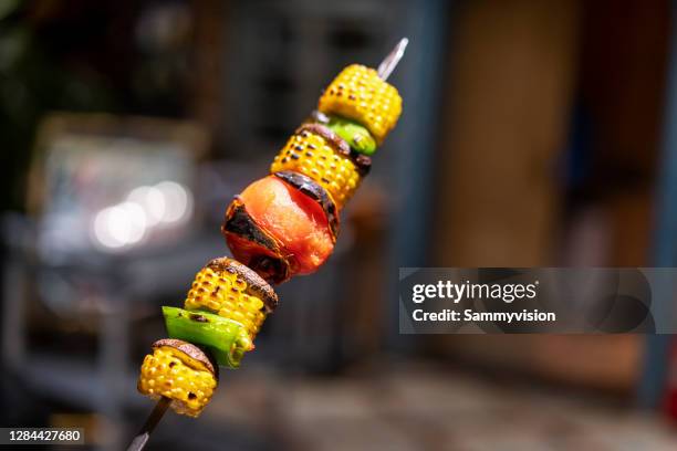 close-up of barbecue vegetables - vegetable skewer stock pictures, royalty-free photos & images