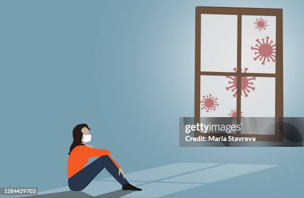 woman figure sitting sadly near the window. coronavirus impact in business, economic recession, covid-19 pandemic concept. - covid isolation stock illustrations