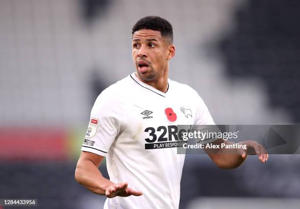 Curtis Davies of Derby during the Sky Bet Championship match between Derby County and Barnsley at Pride Park Stadium on November 07, 2020 in Derby,...