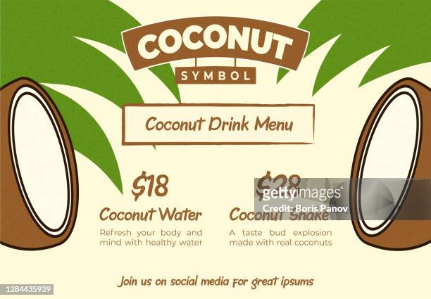 spaß und glücklich kokos trinken bar web banner oder menü flyer vorlage mit beige palm leaf hintergrund für promo poster - coconut milk stock-grafiken, -clipart, -cartoons und -symbole