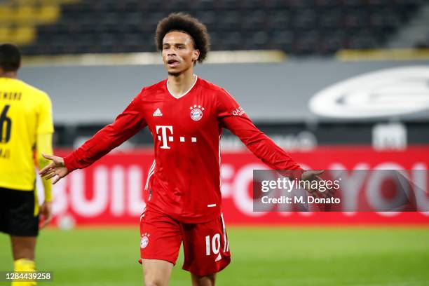 Leroy Sane of FC Bayern Muenchen celebrates after scoring his team's third goal during the Bundesliga match between Borussia Dortmund and FC Bayern...