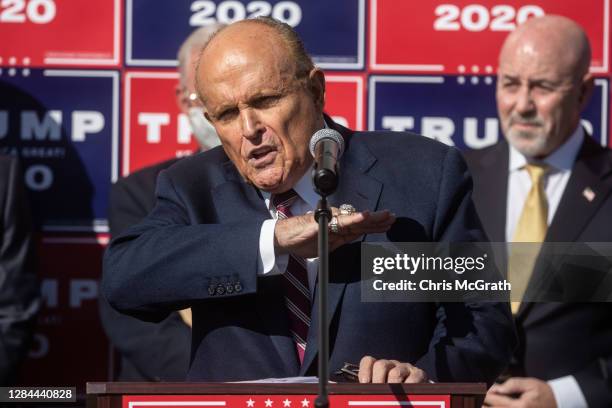 Attorney for the President, Rudy Giuliani speaks to the media at a press conference held in the back parking lot of Four Seasons Total Landscaping on...