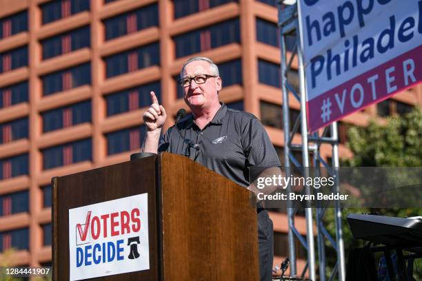 Philadelphia Mayor Jim Kenney speaks during the Count Every Vote Rally In Philadelphia at Independence Hall on November 07, 2020 in Philadelphia,...