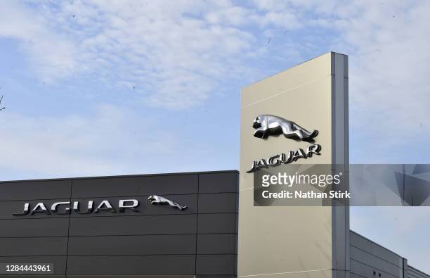 The Jaguar logo is seen outside Swansway Jaguar car garage on November 07, 2020 in Crewe, Cheshire, England.