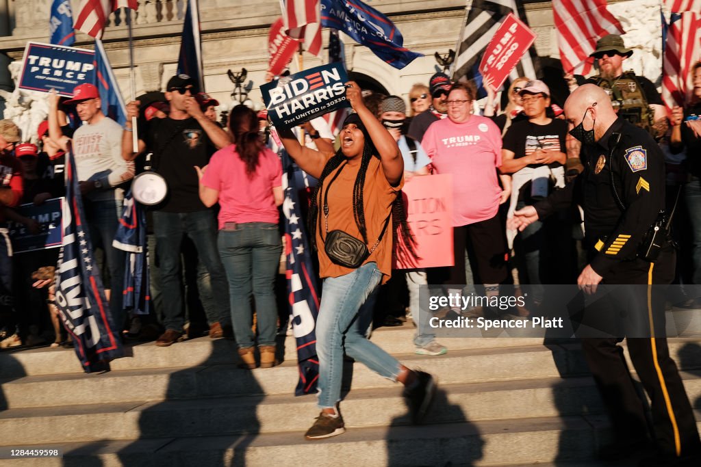 Trump Supporters And Biden Supporters Gather At Pennsylvania Capitol