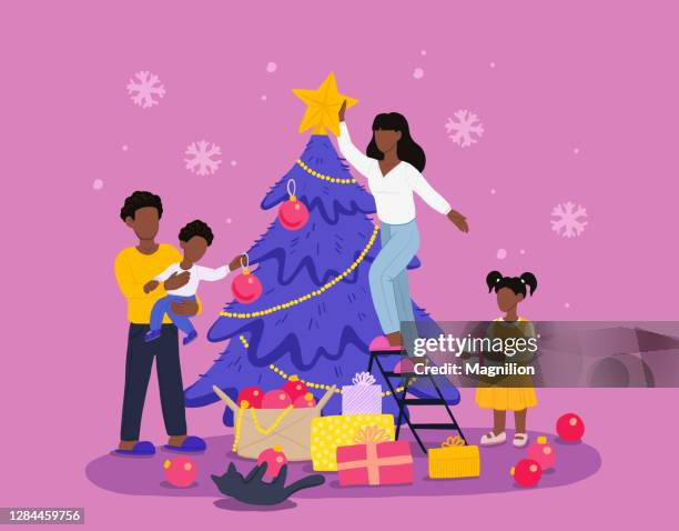 stockillustraties, clipart, cartoons en iconen met afrikaanse amerikaanse familie versieren kerstboom en de voorbereiding voor kerstmis en nieuwjaar - familie met meerdere generaties